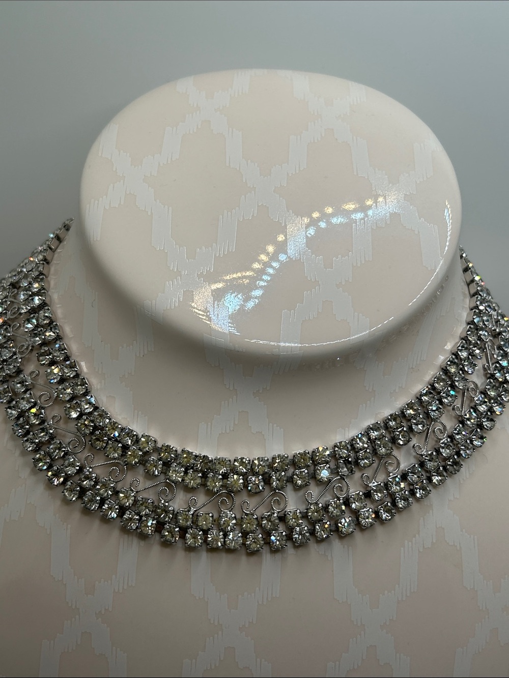 Vintage 50’s Bridal Sparkling Silver Clear Crystal Rhinestone Three-Row Necklace